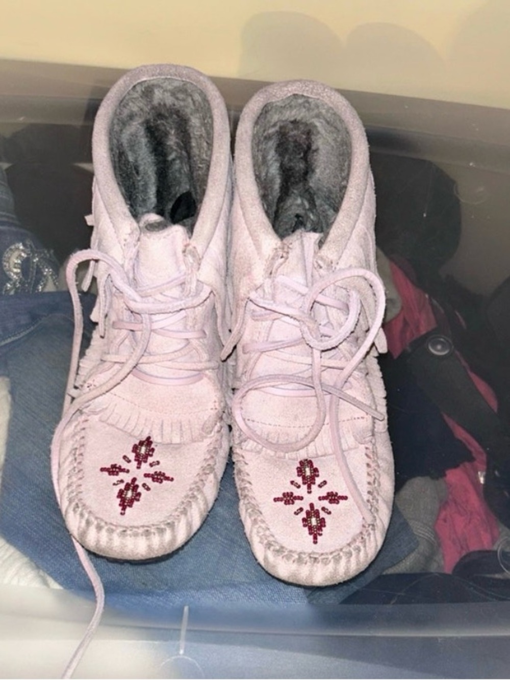 Women’s Pink Suede Beaded Moccasin Boots with Lace-Up
